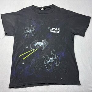 Star Wars Vintage 90's Over Print Shirt Lg Death Star Millennium Falcon Changes